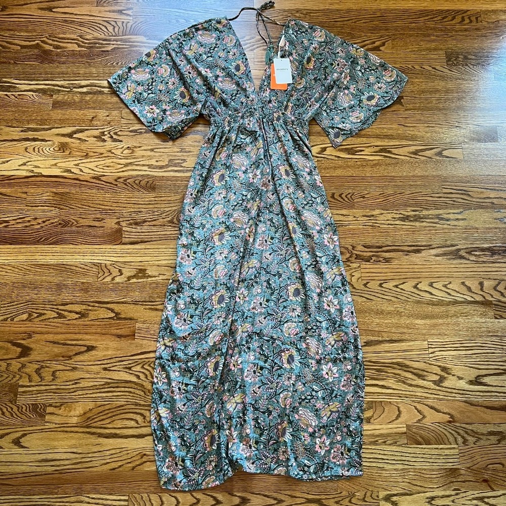 Mamey Beachwear‎ Green Floral Smocked V-Neck Hippie Lounge Maxi Dress  NWT Sz Lg